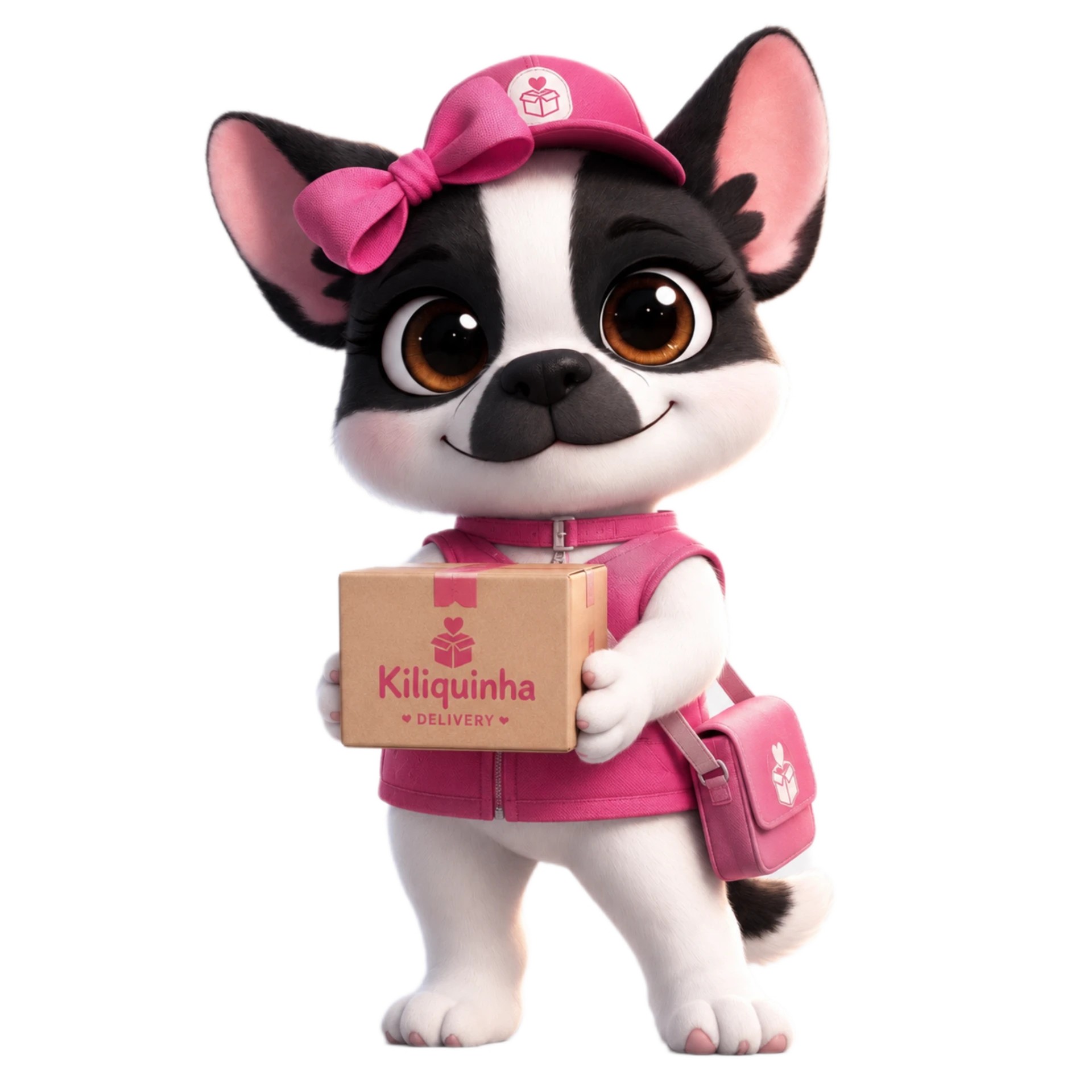 Kiliquinha vestida de entregadora segurando uma caixa da Lojinha da Kiliquinha